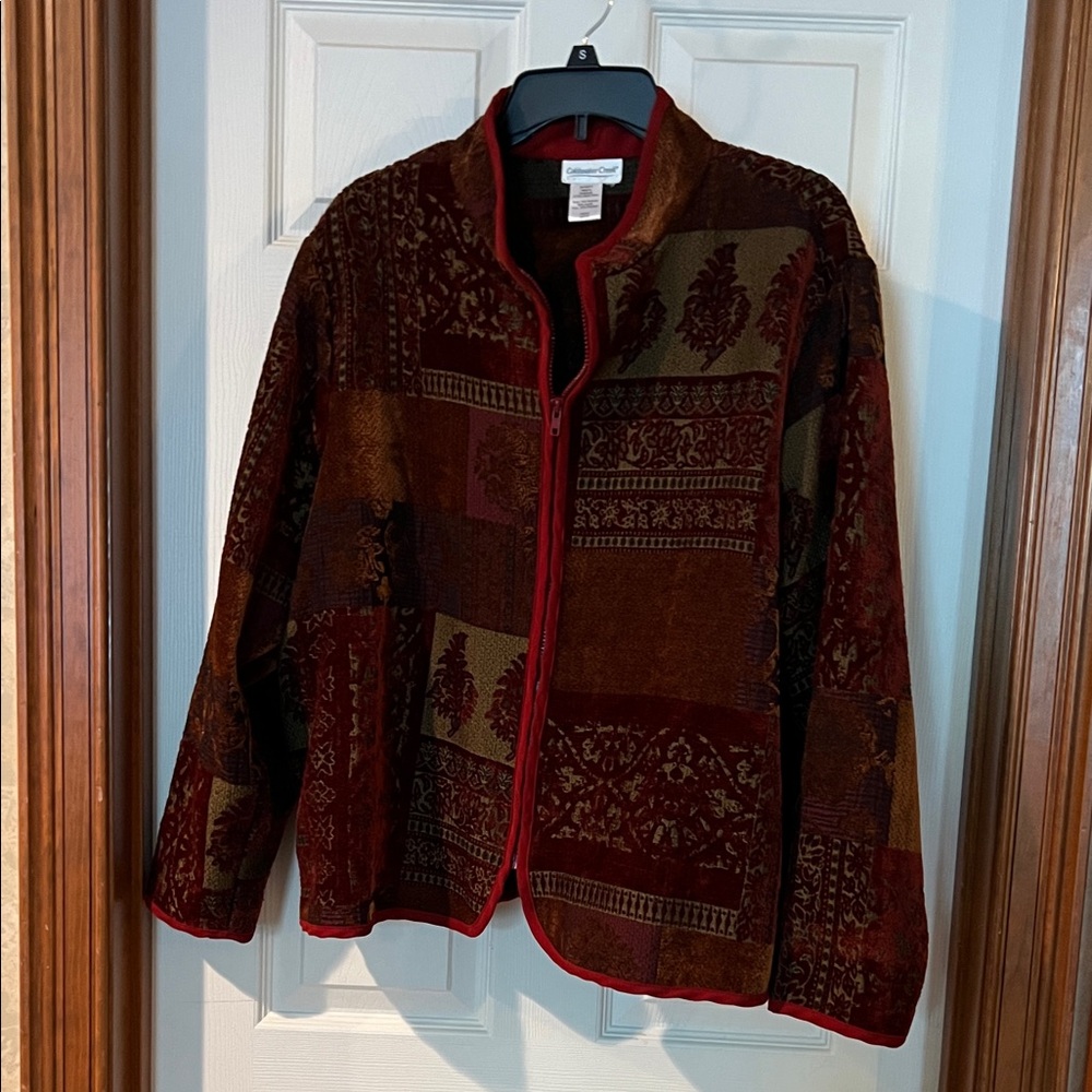 Coldwater Creek Women's Tapestry Jacket - Red and Brown- Zip Front- lightweight
